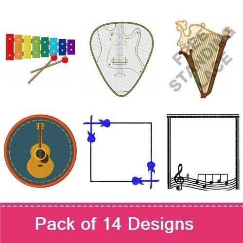 Music-themed Embroidery Designs Bundle – Piano, Guitar, Saxophone & More (14 Designs)