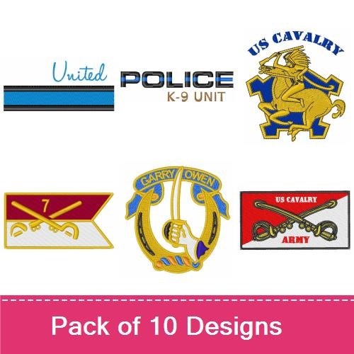 Military & Service Emblems Embroidery Designs Bundle – K-9 Unit, US Cavalry, Veteran & More (9 Designs)