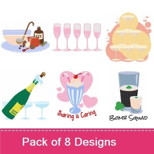 Festive Drink Embroidery Designs Bundle – Soda Bottle, Cocktail Glass, Beer Mug, Champagne Bottle & More (8 Designs)