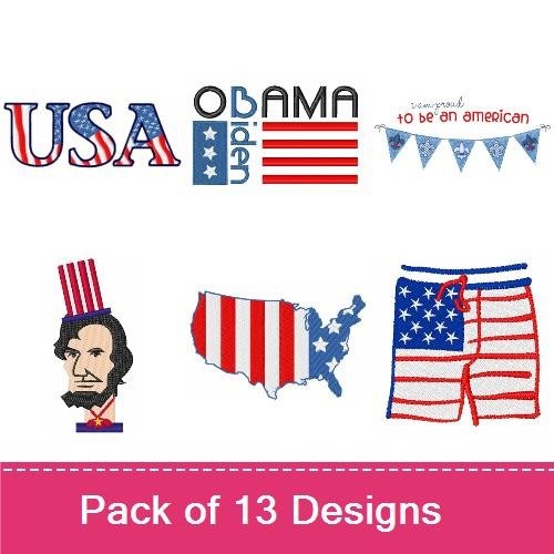 Patriotic Americana Embroidery Designs Bundle – USA Text, American Flag, Top Hat & More (13 Designs)
