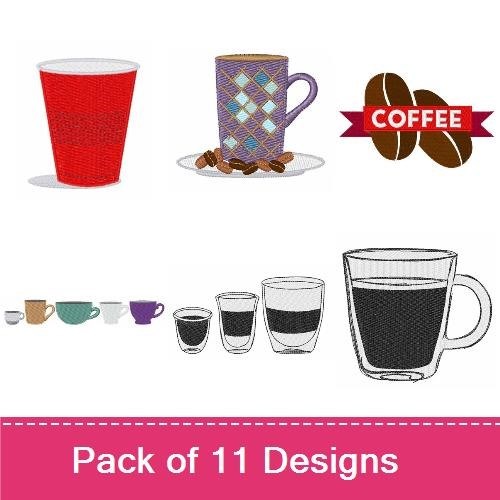 Coffee and Beverage Embroidery Designs Bundle – Red Coffee Cup, Brown Coffee Mug, Coffee Beans & More (11 Designs)