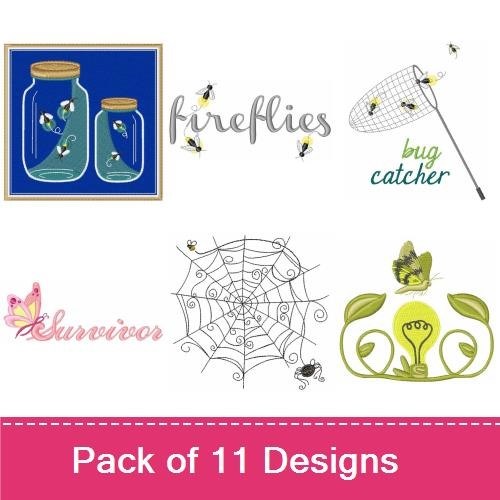 Bugs and Fireflies Embroidery Designs Bundle – Dragonfly, Fireflies, Butterfly, Ladybug & More (11 Designs)