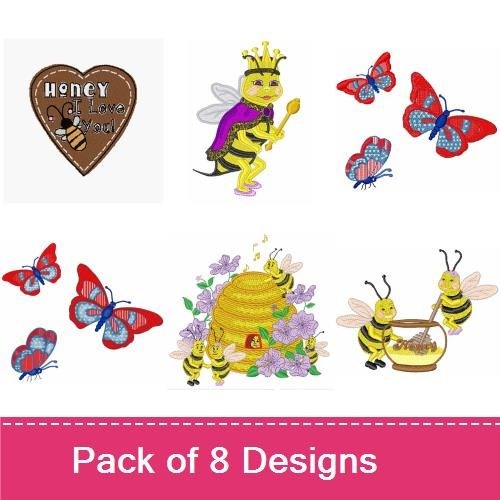 Bee & Butterfly Embroidery Designs Bundle – Honey Jar with Bees, Queen Bee, Flower with Butterfly & More (8 Designs)