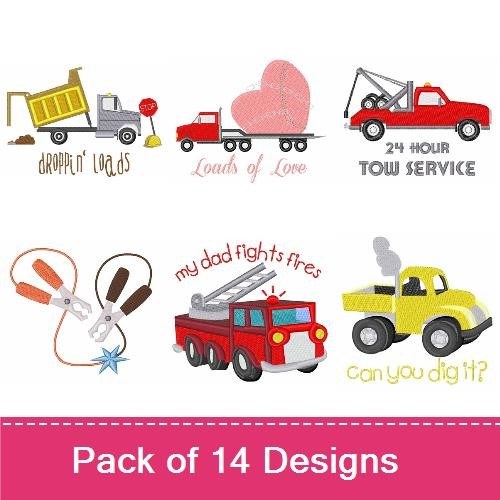 Trucks and Construction Vehicles Embroidery Designs Bundle – Dump Truck, Cement Mixer, Tow Truck & More (14 Designs)