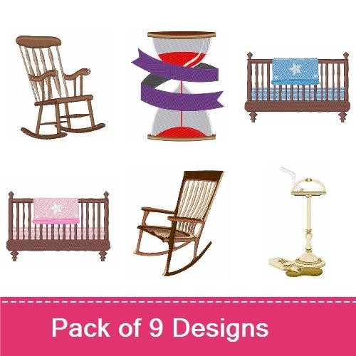 Cozy Home and Nursery Embroidery Designs Bundle – Rocking Chair, Sewing Machine, Blanket with Child & More (9 Designs)