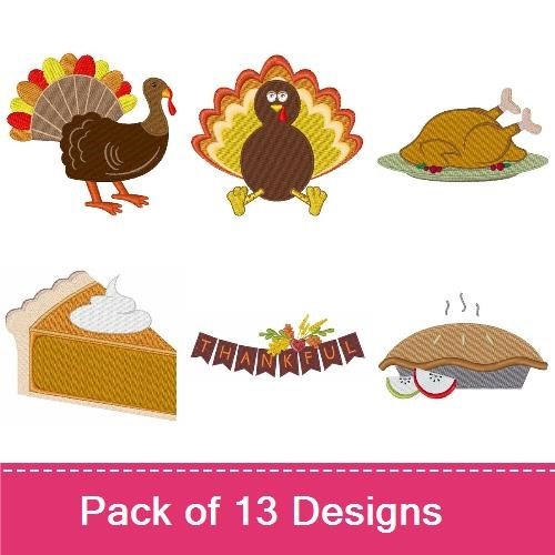 Thanksgiving Harvest Embroidery Designs Bundle – Happy Thanksgiving Script, Cornucopia, Turkey & More (13 Designs)
