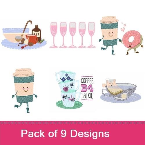 Beverage-themed Embroidery Designs Bundle – Coffee Mug, Whiskey Barrel, Lemonade Glass & More (9 Designs)