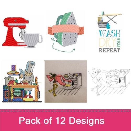 Home and Kitchen Appliances Embroidery Designs Bundle – Stand Mixer, Coffee Maker, Cat with Cupcake & More (12 Designs)