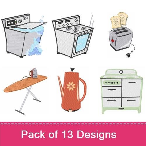 Vintage Kitchen Appliances Embroidery Designs Bundle – Stand Mixer, Washing Machine, Toaster & More (13 Designs)