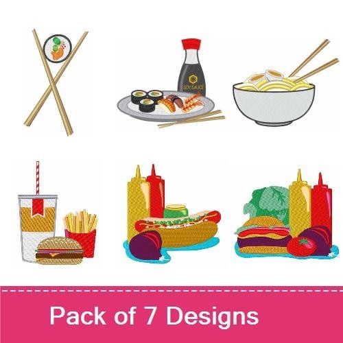 Food and Beverages Embroidery Designs Bundle – Burger with Fries, Sushi Roll, Taco & More (7 Designs)