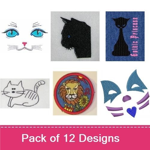 Cat Face & Silhouette Embroidery Bundle – Black Cat, Gray Tabby, Lion Face & More (12 Designs)