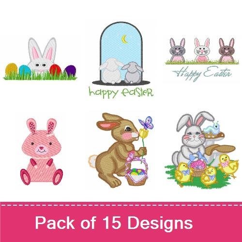 Easter Bunny & Eggs Embroidery Designs Bundle – Bunny with Easter Eggs, Happy Easter Text, Bunny Family & More (15 Designs)