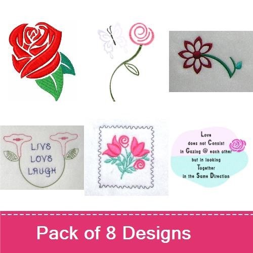 Floral Embroidery Designs Bundle – Red Rose, Butterfly, Single Stem Rose & More (7 Designs)
