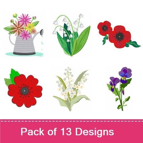 Floral Embroidery Designs Bundle – Lily of the Valley, Watering Can with Flowers, Rose & More (13 Designs)
