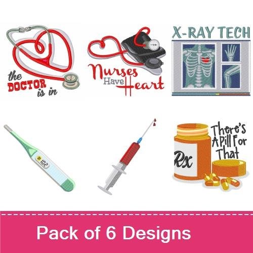 Medical Care Embroidery Designs Bundle – Heart Stethoscope, The Doctor is In, Nurses Heart & More (6 Designs)