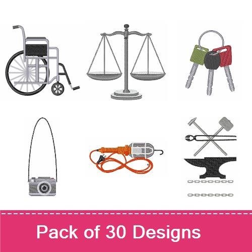 Everyday Objects Embroidery Designs Bundle – Scales, Wheelchair, Clothesline & More (30 Designs)