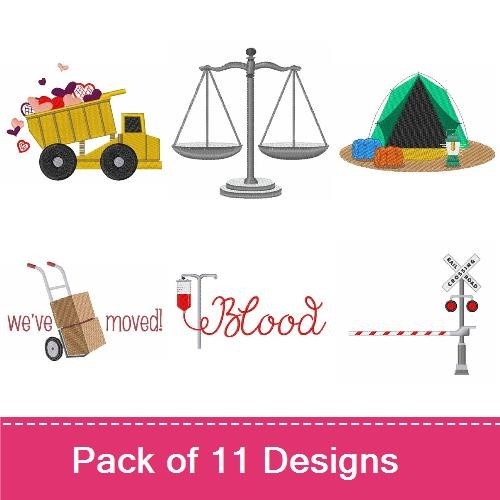 Everyday Objects Embroidery Designs Bundle – Scales, Dump Truck, Tent, Shopping Cart & More (11 Designs)