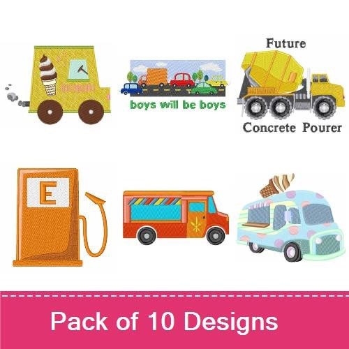 Children's Vehicle Embroidery Designs Bundle – Boys Will Be Boys, Red Car, Blue Truck & More (9 Designs)