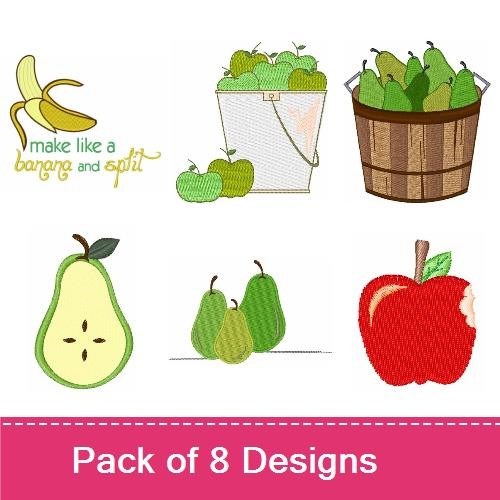 Fresh Fruit and Harvest Embroidery Designs Bundle – Red Apple, Green Pear, Banana & More (8 Designs)