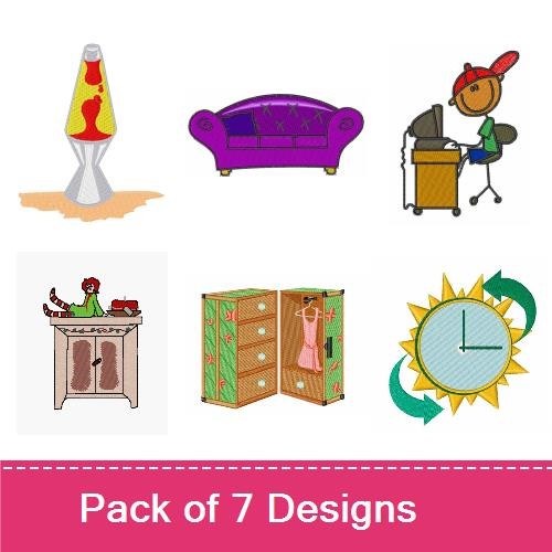 Cozy Home Embroidery Designs Bundle – Purple Couch, Lava Lamp, Child in Bed & More (6 Designs)