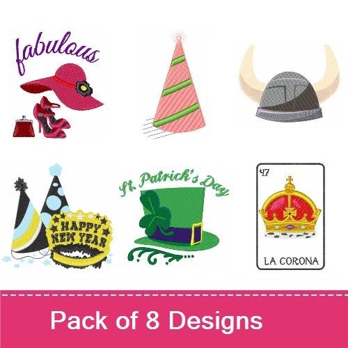 Holiday Celebration Embroidery Designs Bundle – Green Tea Kettle with Flowers, Fabulous Hat, St. Patrick's Day Hat & More (8 Designs)