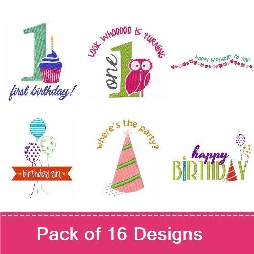 Birthday Party Theme Embroidery Designs Bundle – Happy Birthday with Balloons, Owl One is Turning, Mickey Mouse Inspired Outfit & More (16 Designs)