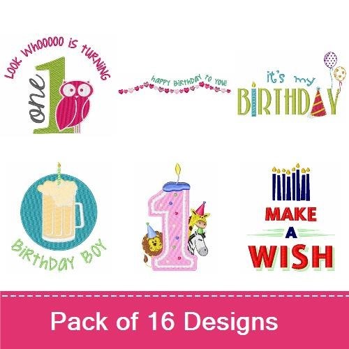 Birthday Celebration Embroidery Designs Bundle – It's My Birthday, Number One with Owl, Birthday Balloon & More (16 Designs)