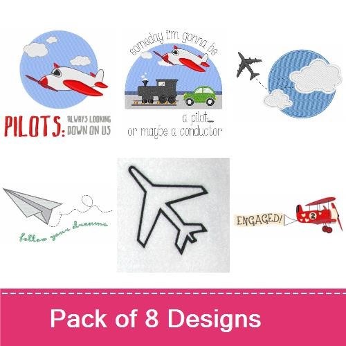 Aviation and Flight Embroidery Designs Bundle – Airplane with Clouds, Pilot Theme, Airplane in Flight & More (8 Designs)