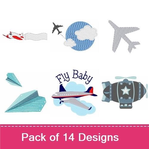 Airplanes & Vehicles Embroidery Designs Bundle – Airplane in Flight, Red Car, Paper Airplane & More (14 Designs)