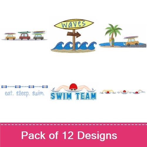 Summer Swim & Surf Embroidery Designs Bundle – Eat Sleep Swim, Waves Sign, Surfboard Design & More (12 Designs)