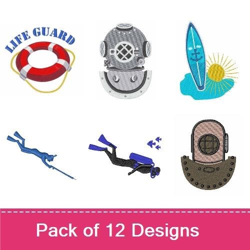 Underwater Adventure Embroidery Designs Bundle – Swim Team Design, Lifeguard Emblem, Diving Helmet & More (11 Designs)