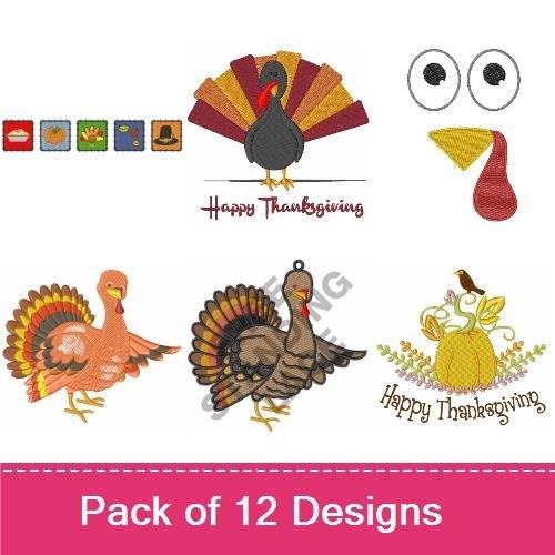 Thanksgiving Turkey Embroidery Designs Bundle – Turkey with Colorful Feathers, Owl with Pumpkin, Happy Thanksgiving Script & More (12 Designs)