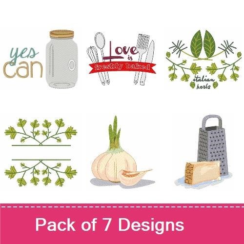Kitchen Herbs & Cooking Essentials Embroidery Designs Bundle – Cilantro Branch, Garlic Bulb, Grater & More (7 Designs)