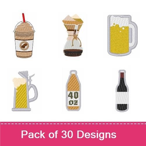 Beverages and Drinks Embroidery Designs Bundle – Hot Cocoa Mug, Lemonade Stand, Champagne Glass & More (30 Designs)