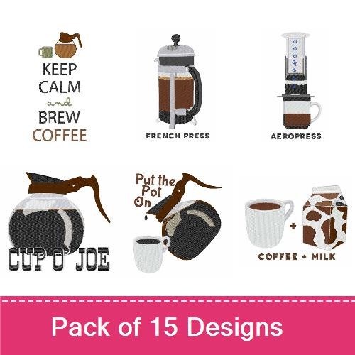 Coffee Beverages & Quotes Embroidery Designs Bundle – Keep Calm and Brew Coffee, Cappuccino, Latte & More (15 Designs)