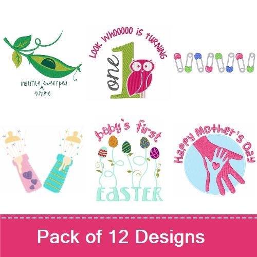 Baby-Themed Embroidery Designs Bundle – Baby Bottle, Owl with Birthday Sign, Teddy Bear & More (12 Designs)
