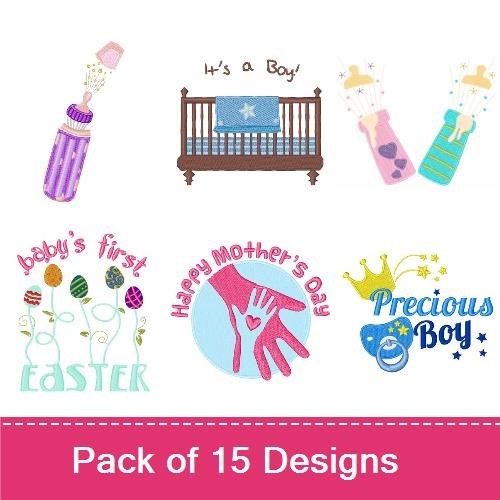 Baby Milestones Embroidery Designs Bundle – Baby Boy, Cupcake, Bottle, It's a Girl & More (15 Designs)
