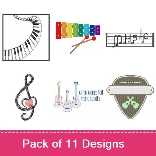 Musical Instruments Embroidery Designs Bundle – Xylophone, Treble Clef, Guitar, Microphone & More (11 Designs)