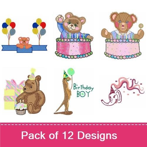 Birthday Animals Embroidery Bundle – Birthday Cake, Party Hat Lion, Colorful Balloons & More (12 Designs)
