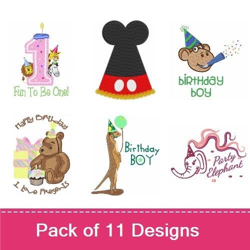 Birthday Celebrations Embroidery Designs Bundle – Birthday Number 1, Birthday Bear, Birthday Cake & More (11 Designs)
