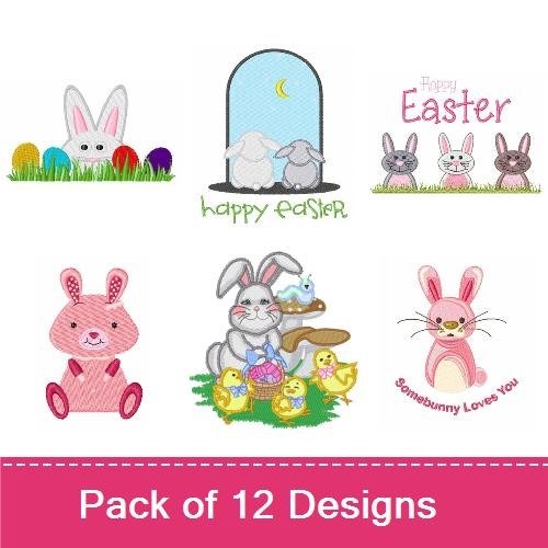 Easter Bunny Embroidery Bundle – Happy Easter with Bunnies, Some Bunny Loves Me, Bunny Holding Egg & More (12 Designs)