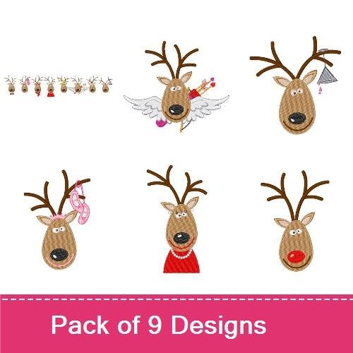 Festive Reindeer Faces Embroidery Designs Bundle – Reindeer Face with Santa Hat, Heart, Gift & More (9 Designs)
