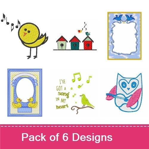 Chirpy Birds Embroidery Designs Bundle – Birdhouse Scene, Singing Bird, Decorative Frame & More (6 Designs)