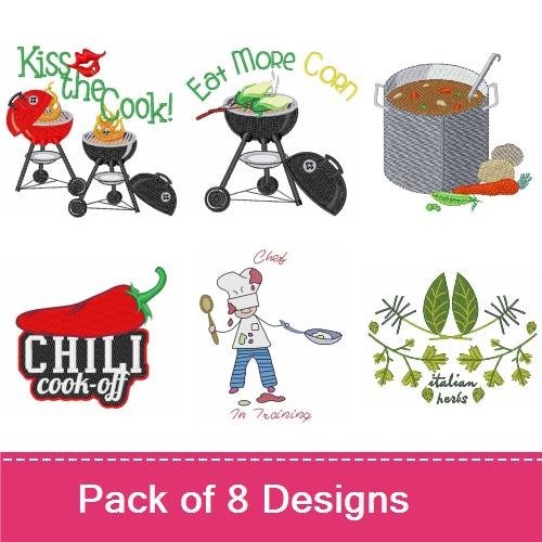 Cooking and Food Themes Embroidery Designs Bundle – Chili Cook-Off, Kiss the Cook, Pizza Slice & More (8 Designs)