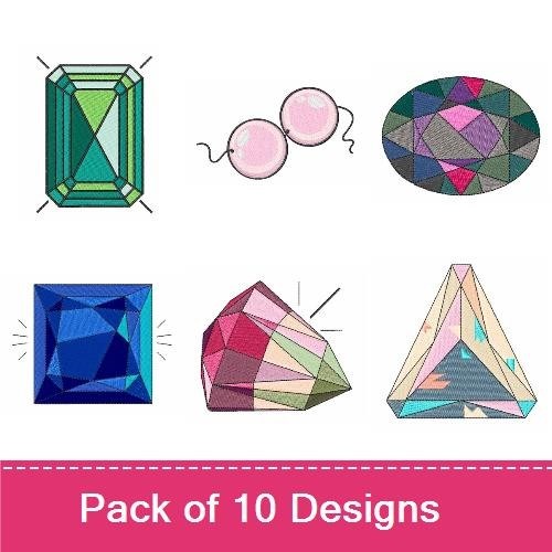 Colorful Gemstone Embroidery Designs Bundle – Diamond, Emerald, Pink Gemstone & More (10 Designs)