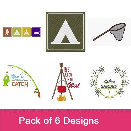 Outdoor Adventure and Fishing Embroidery Designs Bundle – Hiking Icon, Camping Tent, Campfire & More (6 Designs)