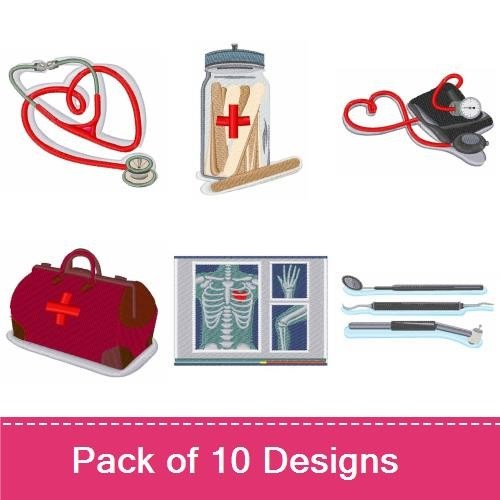 Nurse Care Embroidery Designs Bundle – Stethoscope, First Aid Kit, Syringe, Heart Shape & More (10 Designs)