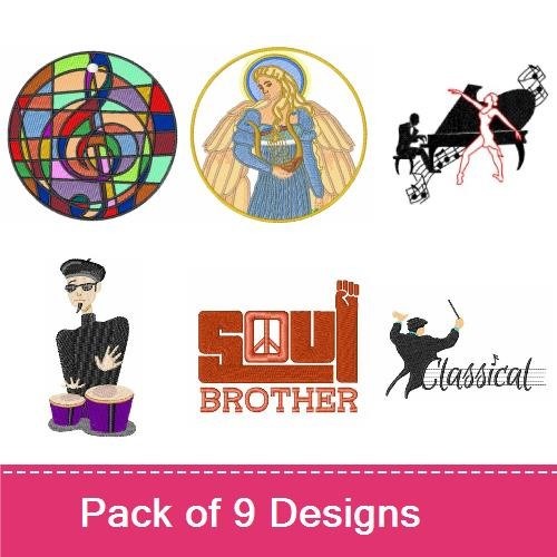 Music and Dance Embroidery Designs Bundle – Drumsticks Fist, Dancer Silhouette, Musical Notes Circle & More (9 Designs)