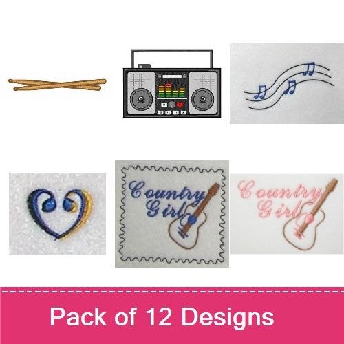 Music Themed Embroidery Bundle – Guitar, Boom Box, Music Note Heart & More (12 Designs)