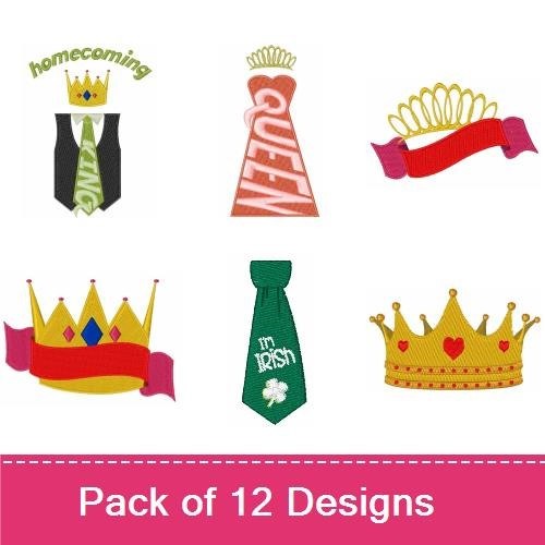 Festive Crowns & Masks Embroidery Designs Bundle – Gold Crown, Comedy and Tragedy Masks, Pink Sunglasses & More (12 Designs)